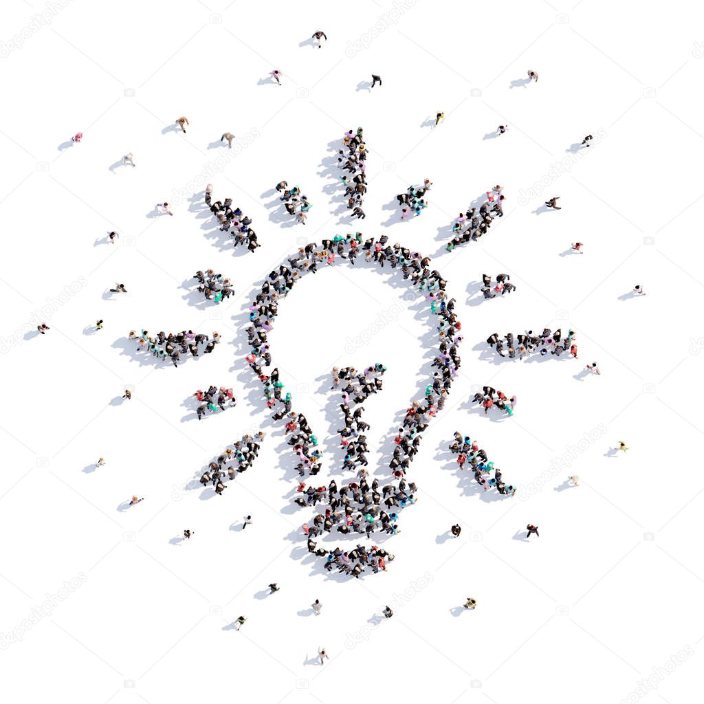 A lot of people form lamp, idea, icon . 3d rendering.