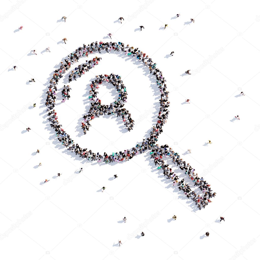 A lot of people form magnifier, business, icon on a white background. 3d illustration. 3d rendering.