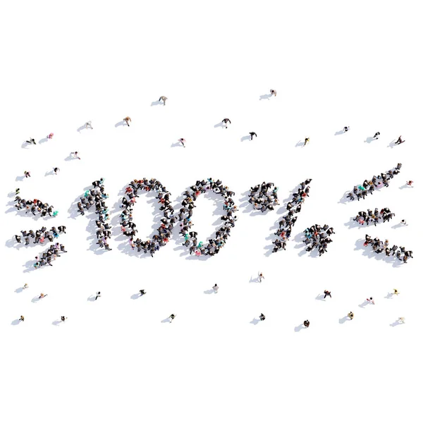 Een heleboel mensen vormen 100 procent kwaliteit, pictogram. 3D-rendering. — Stockfoto