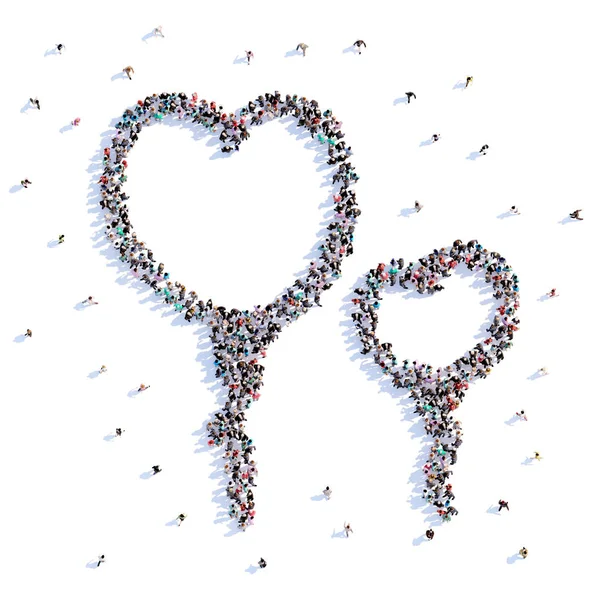 Многие люди образуют воздушные шары, любовь, сердце, икону. 3d-рендеринг . — стоковое фото