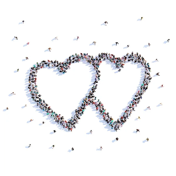 Een heleboel mensen vormen liefde, hart, pictogram. 3D-rendering. — Stockfoto