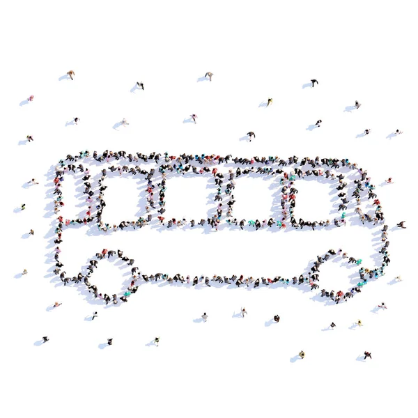 Viele Menschen bilden Bus, Symbol. 3D-Darstellung. — Stockfoto