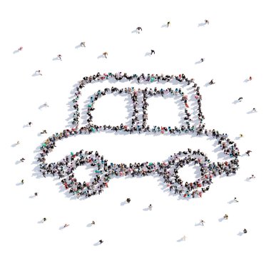 Bir sürü insan şeklinde araba, oyuncak, kutsal kişilerin resmi. 3D render.