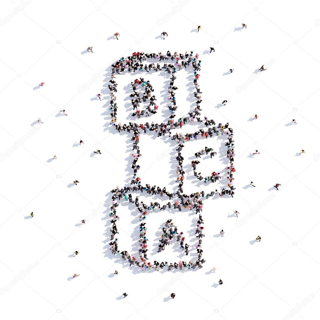 A lot of people form cubes for children, icon on a white background. 3d illustration. 3d rendering.
