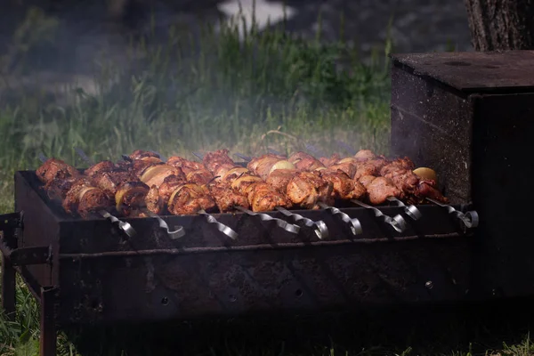 Grillezett kebab főzés fém nyárson. Pörkölt hús barbecue-n. Grill friss marhahús szeletek. Hagyományos keleti étel, shish kebab. Grill faszénen és lángon, piknik, utcai kaja — Stock Fotó