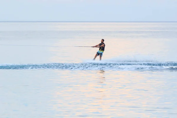 Kemer, Turkey - June 3, 2018 : Turkish sportsman wakes himself on a wakeboard, Turkey — Stock Photo, Image