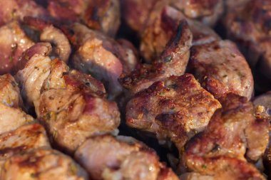 Salamura edilmiş şiş mangal ızgarasında mangal yapmaya hazırlanıyor. Şiş kebap ya da Şiş kebap Doğu Avrupa 'da popüler..