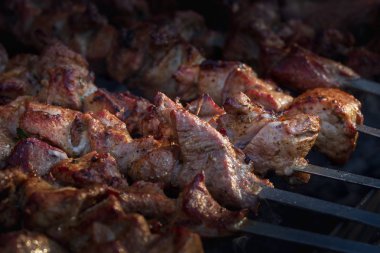 Salamura edilmiş şiş mangal ızgarasında mangal yapmaya hazırlanıyor. Şiş kebap ya da Şiş kebap Doğu Avrupa 'da popüler..
