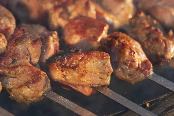 Gemarineerde Shashlik Bereiden Een Barbecue Grill Boven Houtskool Shashlik Shish — Stockfoto