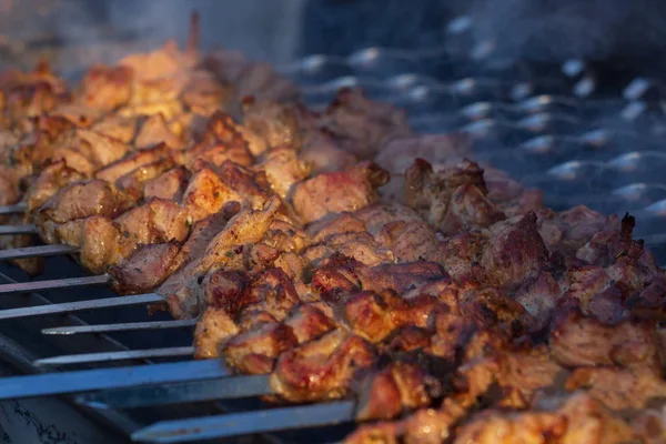 Gemarineerde Shashlik Bereiden Een Barbecue Grill Boven Houtskool Shashlik Shish — Stockfoto