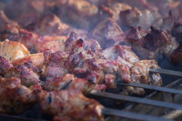 Salamura edilmiş şiş mangal ızgarasında mangal yapmaya hazırlanıyor. Şiş kebap ya da Şiş kebap Doğu Avrupa 'da popüler..