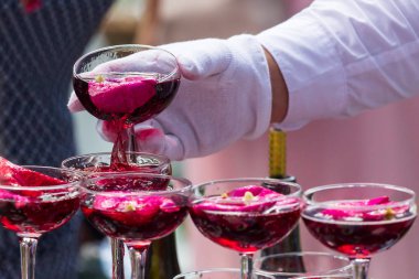 Gül yaprakları ile şampanya bardağı Piramidi.