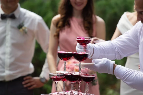 Pyramid Champagne Glasses Rose Petals — Stock Photo, Image