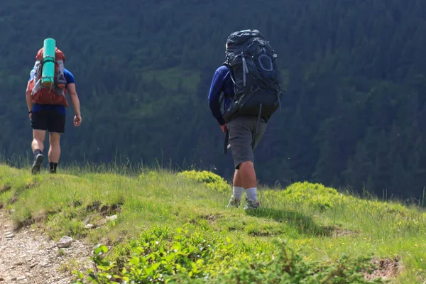 dağlarda yürüyüş yürüyüş yapanlar. Hedef, başarı, özgürlük ve başarı kavramı.