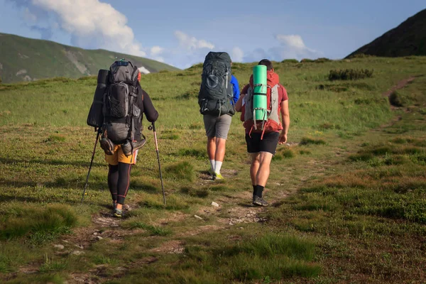 stock image hikers walking in the mountains. goal, success, freedom and achievement concept.