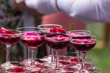 Gül yaprakları ile şampanya bardağı Piramidi.