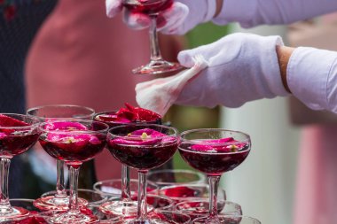 Gül yaprakları ile şampanya bardağı Piramidi.