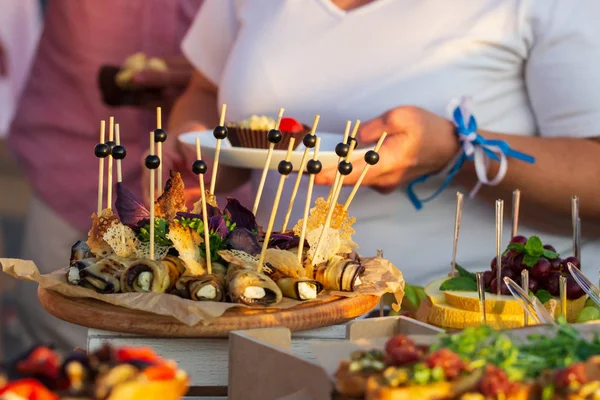 Beautifully Decorated Catering Banquet Table Different Food Snacks Appetizers Sandwich — Stock Photo, Image