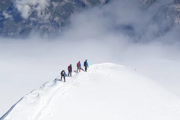 Gebonden Klimmers Klimmen Berg Met Sneeuwveld Gebonden Met Een Touw — Stockfoto