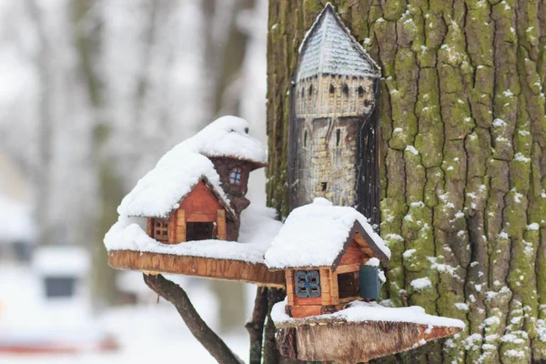 Red Barn Birdhouse Covered Snow Snow Covered Trees Blurred