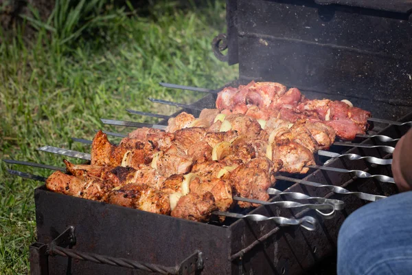 Grillezett Kebab Főzés Fém Nyárson Pörkölt Hús Barbecue Grill Friss — Stock Fotó