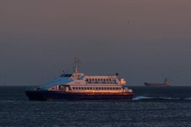 Martılar altın gün batımında ile Istanbul'da Türk vapur siluetleri. Eski yolcu akşamı Istanbul deniz manzarası gemi