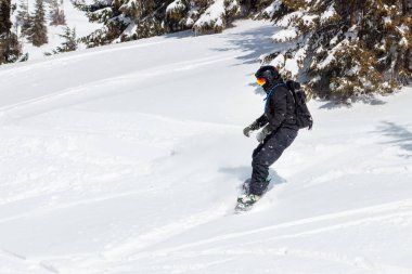 Alp Dağları'nda yamaç aşağı koşma snowboard genç adam. Kış spor ve eğlence, eğlence açık hava etkinlikleri.