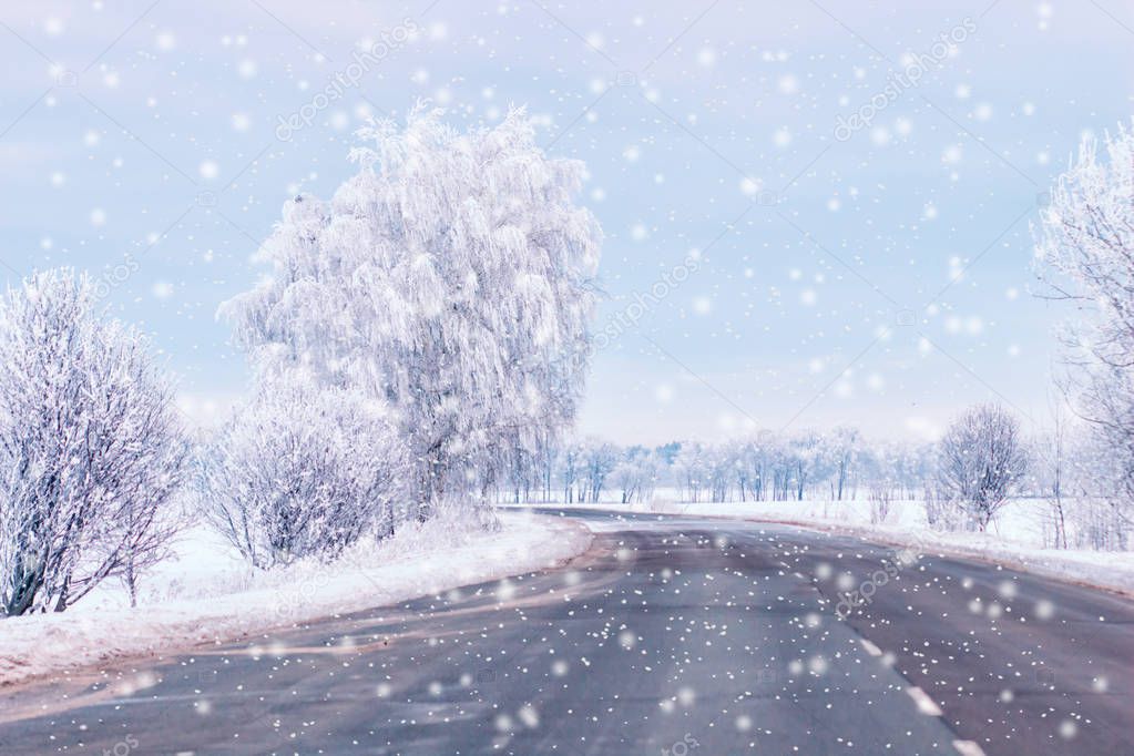 Winter Landscape with walking winter road in deep snow, frost on tree branches, snowy forest, winter maintenance, forest road.