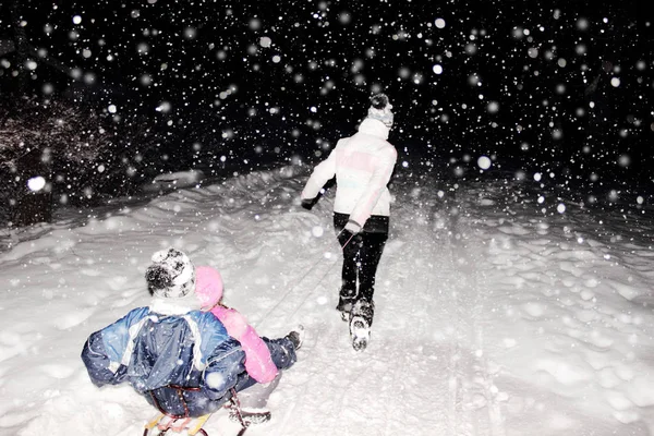 Sanki Dziećmi Dołączone Wyciągnął Śniegu Przez Kobietę Okresie Zimowym — Zdjęcie stockowe