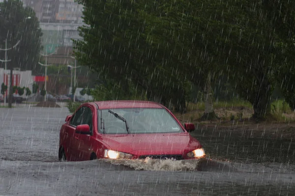 Car Rides Heavy Rain Flooded Road — Stock Photo, Image