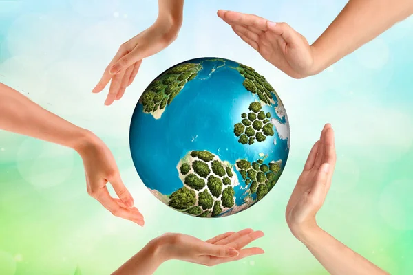 Prachtig Conceptuele Symbool Van Earth Globe Met Multiraciale Menselijke Handen — Stockfoto