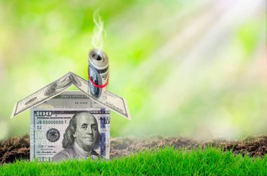 House Made of Cash Money on nature Background. Dollars building, clipart