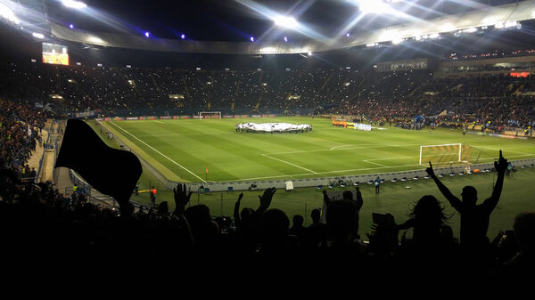 Футбол, футбольные болельщики поддерживают свою команду и празднуют гол, гол, победу. Полный стадион
.