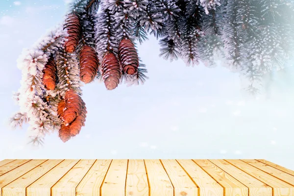 Mesa Madera Con Espacio Para Copiar Fondo Invierno — Foto de Stock