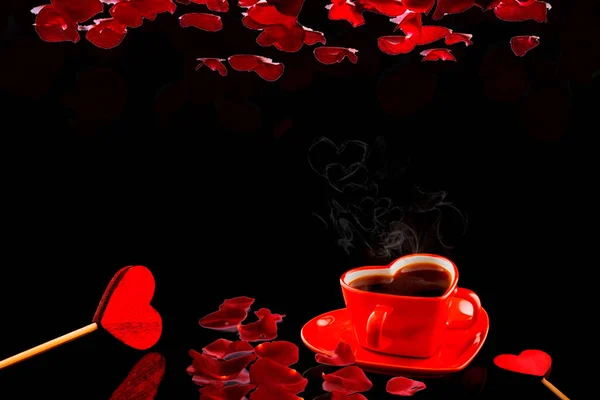 Una Pareja Encantadora Taza Café Corazón Rojo Con Hoja Rosa —  Fotos de Stock