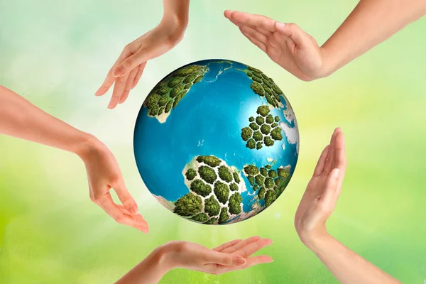 people, peace, love, life and environmental concept - close up of human hands showing heart shape gesture over earth globe and blue background