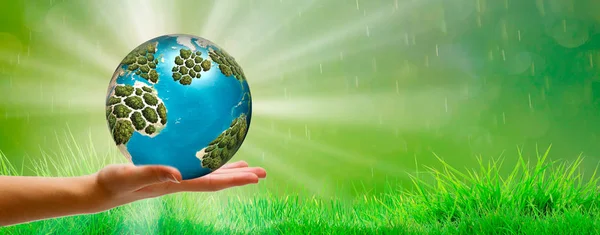 Human Holding Earth Hands Green Spring Background Sun Ray Ecology — Stock Photo, Image