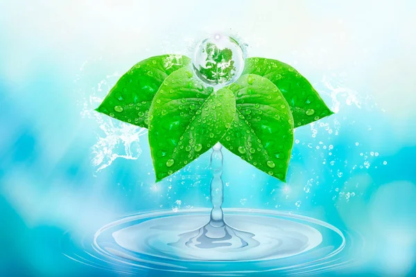 Water is life. Splashes of pure water Give birth to a planet on green leaves with drops and splashes. Wallpaper to the day of the earth.