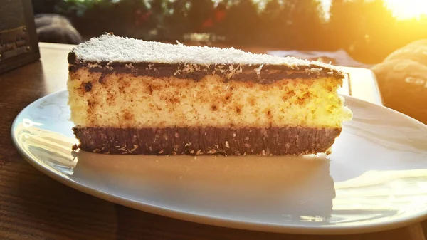 Вкусный Шоколадный Торт Тарелке Светлом Фоне — стоковое фото
