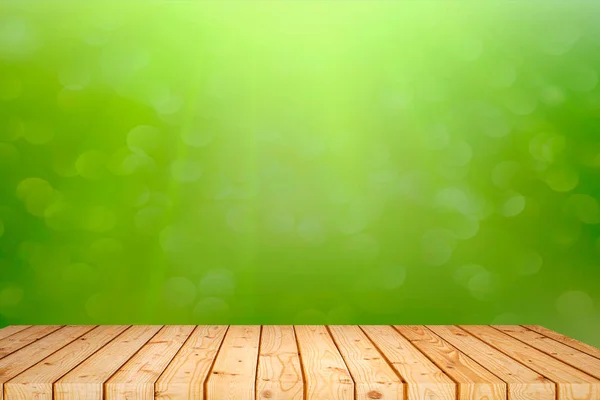 Старая Деревянная Доска Абстрактным Естественным Зеленым Размытым Боке Фон Отображения — стоковое фото
