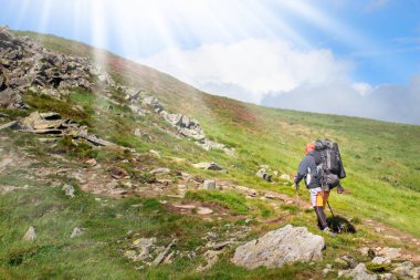 Birkaç Mutlu Genç Gezgin, Sırt çantalarıyla Güneşli bir akşamda Güzel Rocky Patikası 'nda yürüyüş yapıyor. Aile Seyahat ve Macera Konsepti.