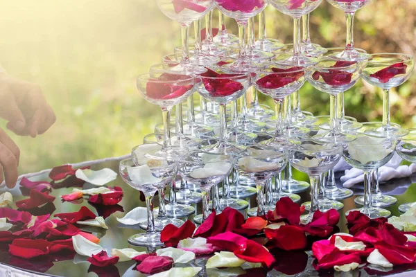 Piramide Con Bicchieri Vino Tavolo Decorato Con Petali Rosa Nel — Foto Stock