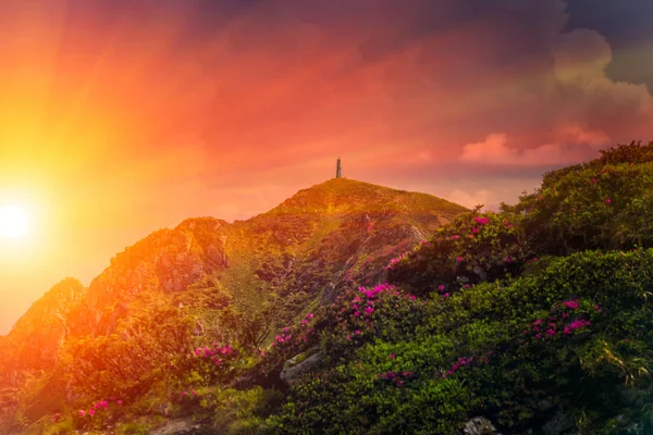 Herfst landschap met uitzicht op de bergen, de vallei en de lagune. De hellingen van de heuvel zijn bedekt met Scarlet arctous. Geweldige zonsondergang met zonnestralen over de bergen. — Stockfoto