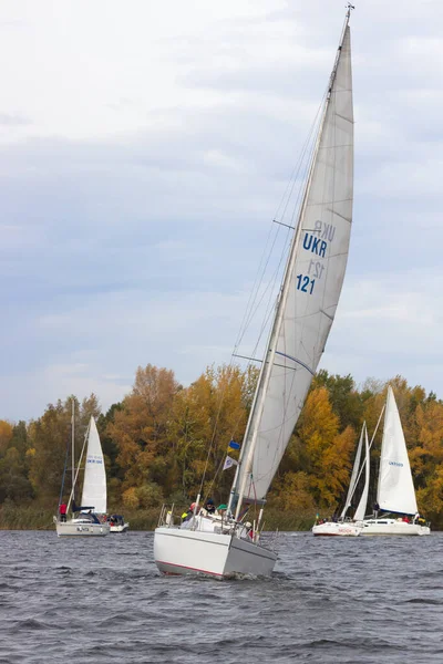 Ukrainka, Ukraine - October 12, 2019: Racing sailing boats during a regatta South worth near Kiev on October 12, 2019 — 스톡 사진