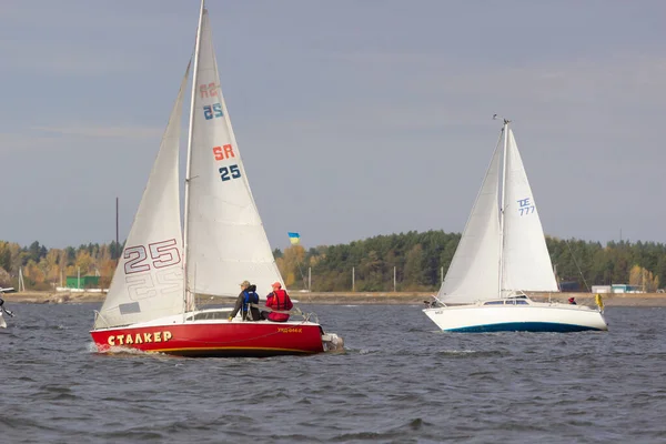 UKRAINKA, UKRAINE - 12 de outubro de 2019: Corrida de veleiros durante uma regata "South worth" perto de Kiev em 12 de outubro de 2019 — Fotografia de Stock