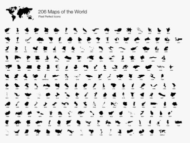 All 206 Complete Countries Map of the World Pixel Perfect Icons (Filled Style). Every single country map are listed and isolated with wordings and titles. A complete maps of the world outline. clipart