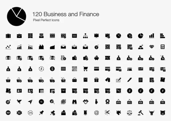 120 Iconos Perfectos Píxeles Negocios Finanzas Estilo Lleno Conjunto Iconos — Vector de stock