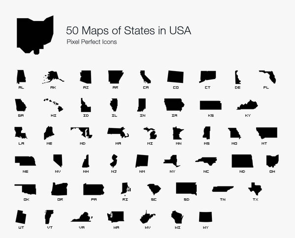All 50 USA States Map Pixel Perfect Icons (Filled Style). Vector icons of the complete United States of America states map.