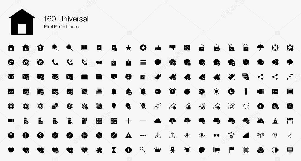 160 Universal Web Pixel Perfect Icons (Filled Style). Simple vector icons for web, Internet, user interfaces, utilities, and other essential app. 