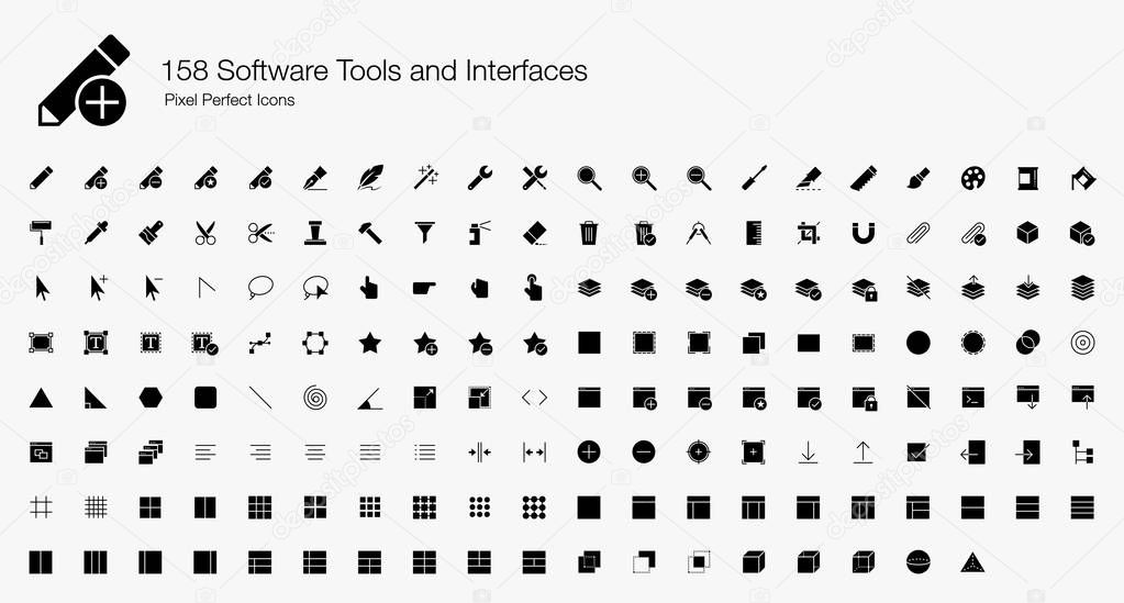 158 Software Tools and Interfaces Pixel Perfect Icons (Filled Style). Vector icons set for software development and user interfaces designs. 